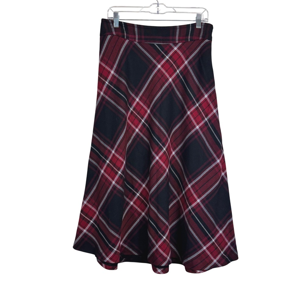East 5th Womens Red Black Plaid A-Line Midi Skirt Size 12 Side Zip